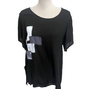 NWT Flattering Black Linen Tee With Hand Made Blue & White Patches